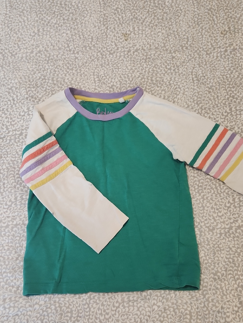 ✨ 3 For $25 SALE Kids Boden Green Raglan Long-Sleeve Top with Rainbow Stripes